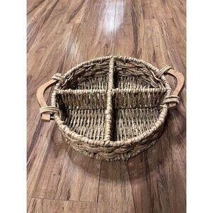 Round Brown Wicker Basket w/ Handles, Medium Rustic Country Handmade Indoor 12”